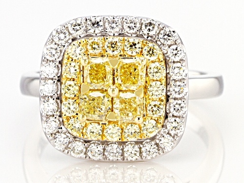 1.38ctw Cushion Cut & Round Natural Yellow & White Diamond 14K White Gold Ring - Size 6