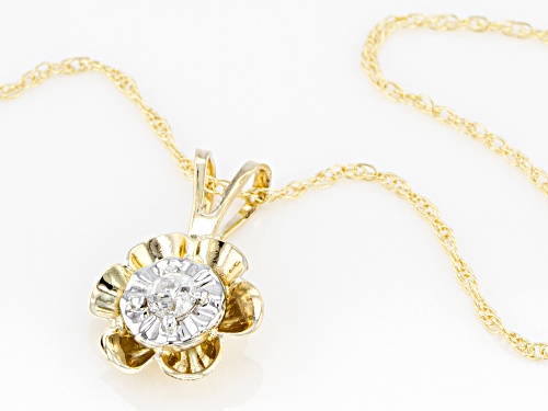 Round White Diamond Accent 10K Yellow Gold Flower Pendant With 18 Inch Cable Chain