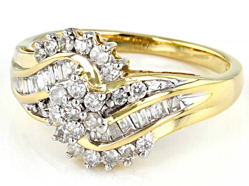 0.50ctw Round And Baguette White Diamond 10K Yellow Gold Bypass Cluster Ring - Size 6