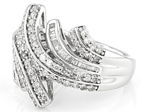 1.00ctw Round And Baguette White Diamond Rhodium Over Sterling Silver Bypass Ring - Size 7