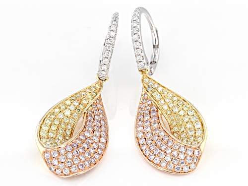 1.55ctw Round Natural Pink, Natural Yellow And White Diamond 14K Three-Tone Gold Dangle Earrings