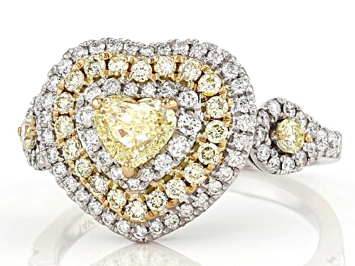 1.30ctw Heart Shaped And Round Natural Yellow And White Diamond 14K White Gold Cluster Ring - Size 7
