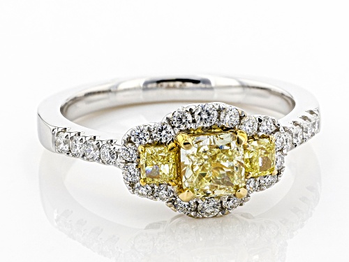 1.21ctw Cushion Cut Natural Yellow And Round White Diamond 14K White Gold 3-Stone Ring - Size 7