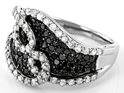 1.50ctw Round Black And White Diamond Rhodium Over Sterling Silver Bypass Ring - Size 6