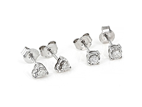 0.20ctw Round White Diamond Rhodium Over Sterling Silver Round and Heart Stud Earrings Set
