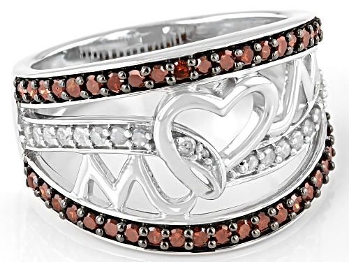 0.75ctw Round Red And White Diamond Rhodium Over Sterling Silver Heart Open Design Ring - Size 7