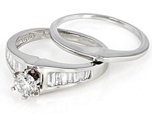 1.00ctw Round And Baguette White Diamond 900 Platinum Bridal Ring Set - Size 7