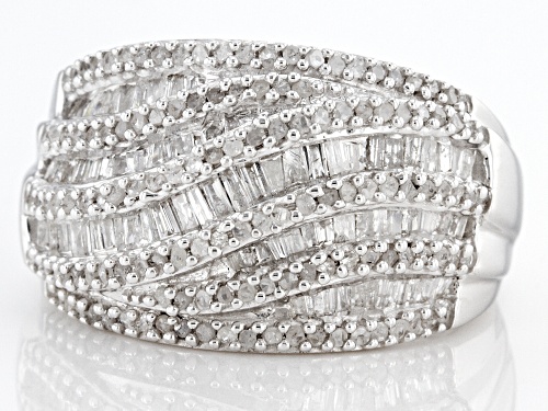 1.00ctw Round And Baguette White Diamond Rhodium Over Sterling Silver Wide Band Ring - Size 6