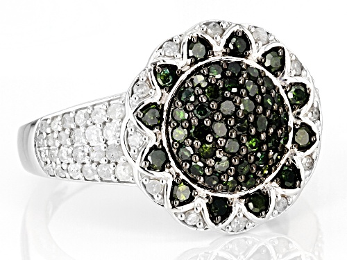 1.00ctw Round Green And White Diamond Rhodium Over Sterling Silver Cluster Ring - Size 7