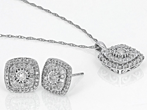 1.00ctw Round And Baguette White Diamond 10k White Gold Earrings And Pendant Set