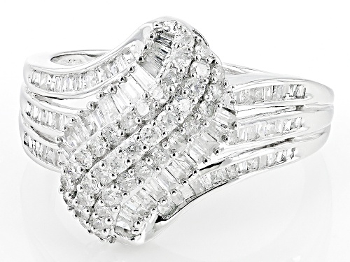 1.00ctw Round And Baguette White Diamond 10k White Gold Cluster Ring - Size 7