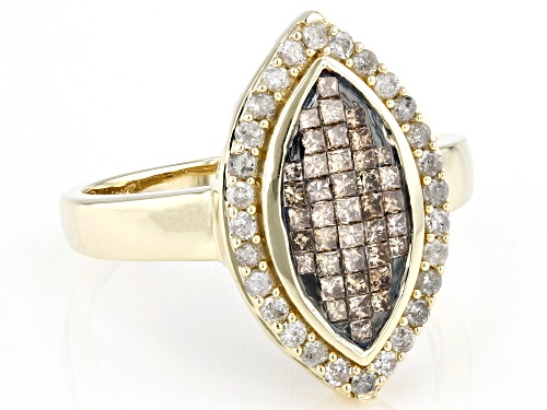 0.65ctw Princess Cut Champagne And Round White Diamond 10k Yellow Gold Cluster Ring - Size 9