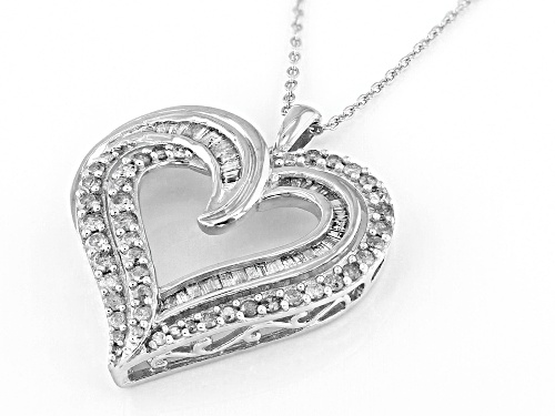 1.00ctw Round And Baguette White Diamond Rhodium Over Sterling Silver Heart Pendant With 18