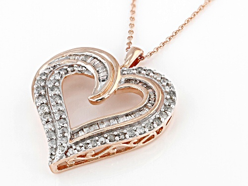 1.00ctw Round And Baguette White Diamond 14k Rose Gold Over Sterling Silver Heart Pendant With Chain