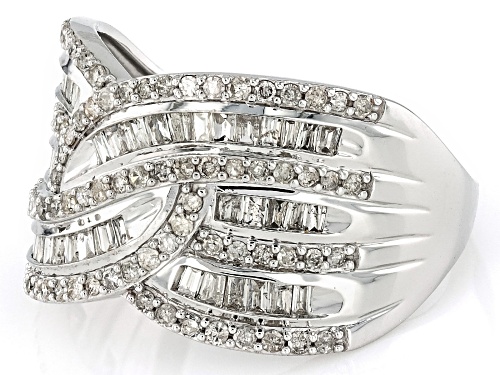 1.00ctw Round And Baguette White Diamond 10k White Gold Crossover Wide Band Ring - Size 6