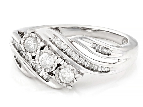 0.50ctw Round And Baguette White Diamond 10k White Gold 3-Stone Bypass Ring - Size 6