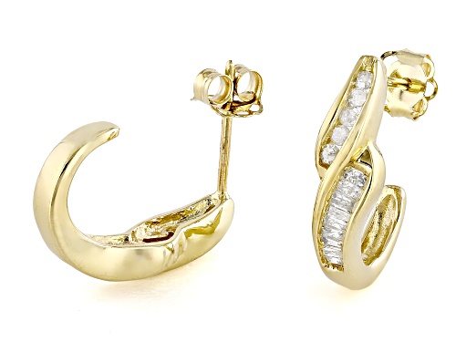 0.20ctw Round And Baguette White Diamond 10k Yellow Gold J-Hoop Earrings