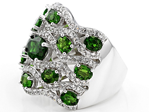 2.72ctw Oval Russian Chrome Diopside And 1.02ctw Round White Zircon Sterling Silver Band Ring - Size 5