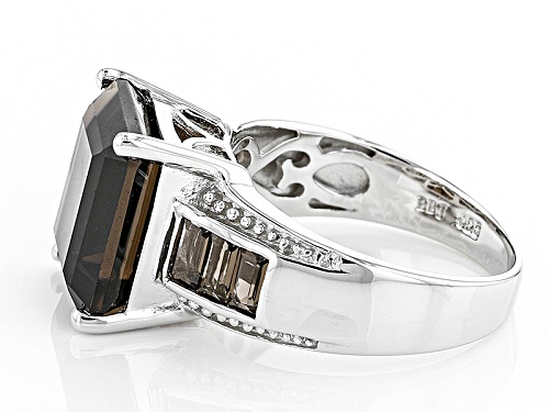 6.58ctw Emerald Cut And Baguette Smoky Quartz Rhodium Over Sterling Silver Ring - Size 7