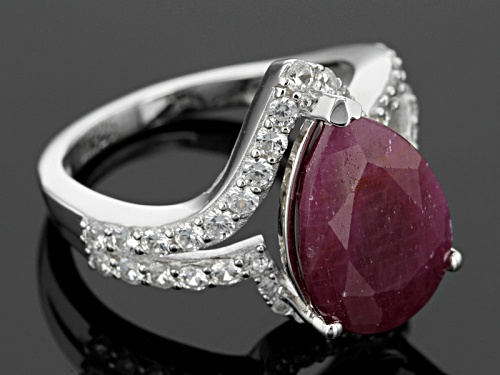 5.84ct Pear Shape Indian Ruby And 1.06ctw Round White Zircon Sterling Silver Ring - Size 11