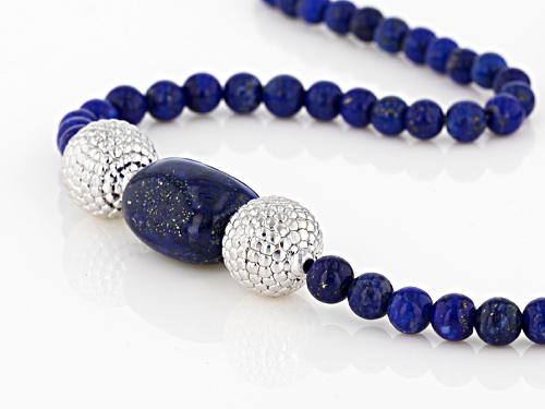 4mm-4.5mm Round And Approximately 15x12mm Rectangular Lapis Lazuli Sterling Silver Bead Necklace - Size 18