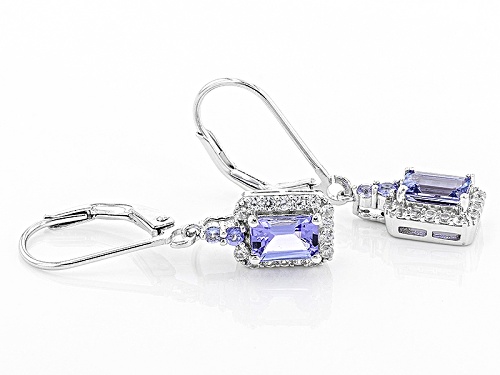 1.97ctw Emerald Cut And Round Tanzanite With .39ctw Round Zircon Sterling Silver Earrings