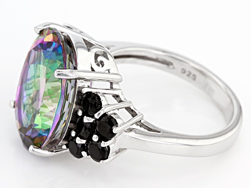 9.21ct Oval Green Mystic Topaz® With .99ctw Round Black Spinel Sterling Silver Ring - Size 11