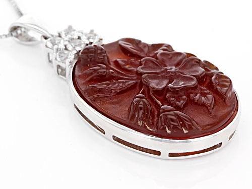 30x22mm Oval Orange Carved Carnelian And .70ctw Round White Topaz Silver Floral Pendant With Chain