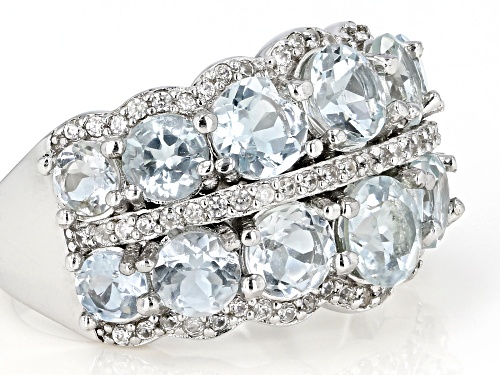 3.21ctw Round Aquamarine With 0.38ctw Round White Zircon Rhodium Over Sterling Silver Band Ring - Size 8