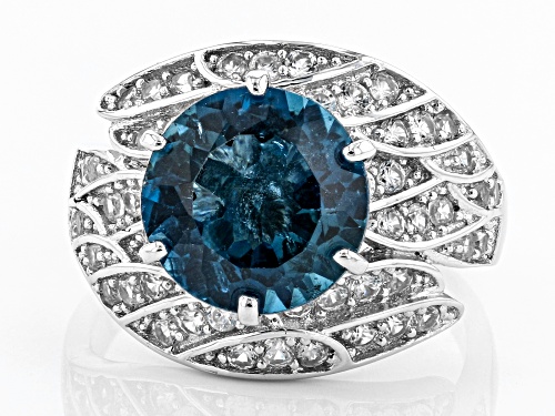 4.50ct Round London Blue Topaz With 1.38ctw Round White Zircon Rhodium Over Sterling Silver Ring - Size 7