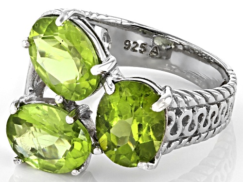 5.00ctw Oval Peridot Rhodium Over Sterling Silver 3-Stone Ring - Size 7
