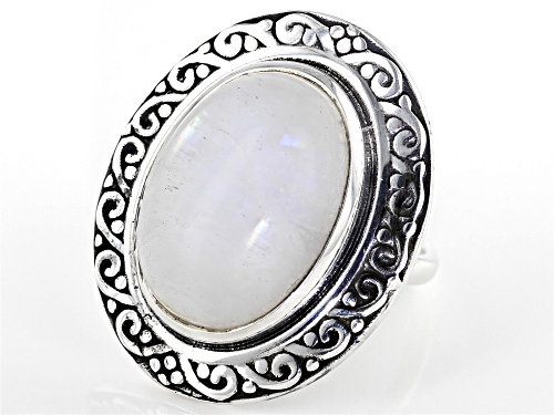 18x13mm Oval Cabochon Rainbow Moonstone Solitaire, Sterling Silver Ring - Size 8