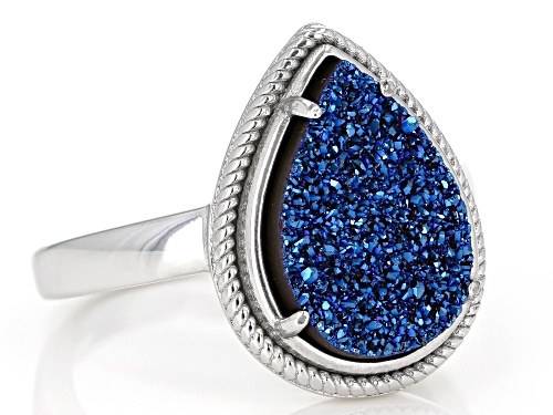14x10mm Pear Shape Royal Blue Drusy Quartz Rhodium Over Sterling Silver Ring - Size 10