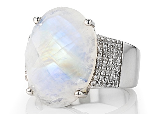 18x13mm Oval White Moonstone With 0.20ctw White Zircon Rhodium Over Sterling Silver Ring - Size 8