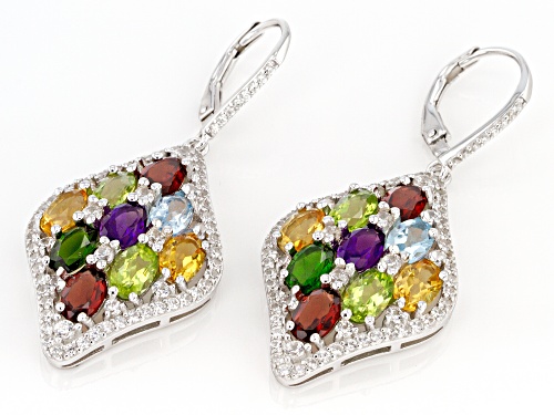 8.15ctw Oval Multi Gemstone With 2.50ctw Round White Zircon Rhodium Over Sterling Silver Earrings