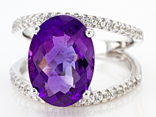 4.81ctw 14x10mm Amethyst with 0.47ctw Round White Zircon Rhodium Over Silver Ring - Size 8