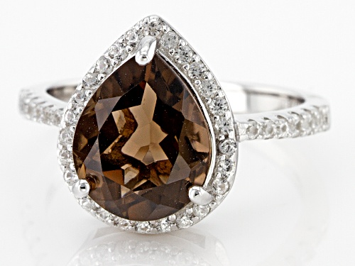 2.65ct Smoky Quartz with 0.48ctw Round White Zircon Rhodium Over Sterling Silver Ring - Size 8