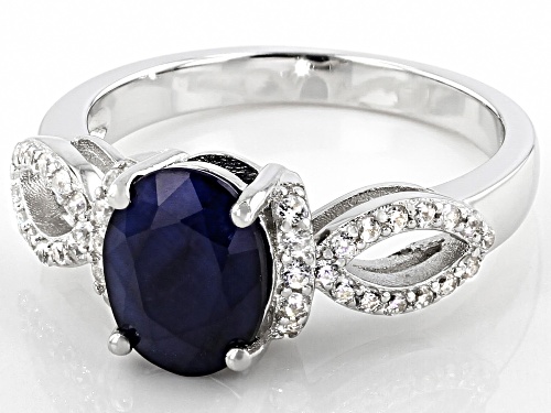 1.85ctw Oval Sapphire With 0.35ctw Round White Zircon Rhodium Over Sterling Silver Ring - Size 8