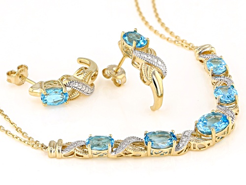 3.89ctw Swiss Blue Topaz With .01ctw Diamond 14k Yellow Gold Over Silver Necklace And Earring Set