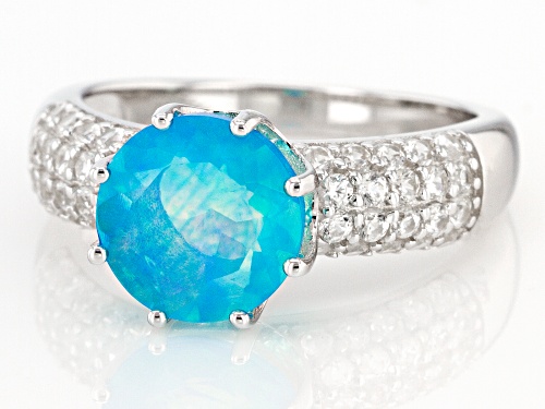 9mm Round Paraiba Blue Color Opal with 0.65ctw White Zircon Rhodium Over Sterling Silver Ring - Size 9