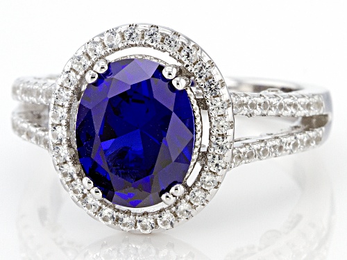 3.15ct Lab Blue Sapphire and 0.68ctw Lab White Sapphire Rhodium Over Sterling Silver Ring - Size 9