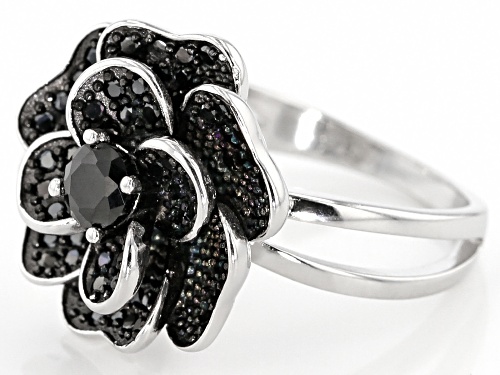 1.10ctw Round Black Spinel Rhodium Over Sterling Silver Flower Ring - Size 8