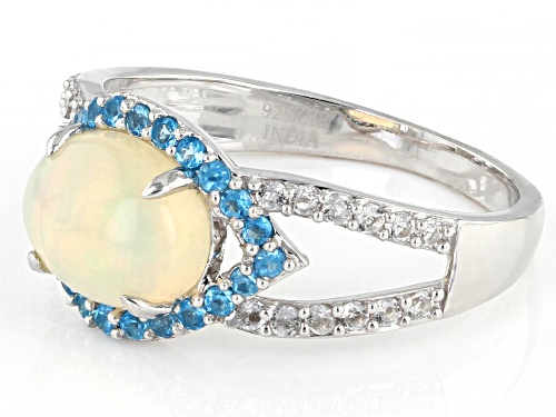 1.02ct Ethiopian Opal With .17ctw Neon Apatite & .20ctw White Topaz Rhodium Over Silver Ring - Size 10