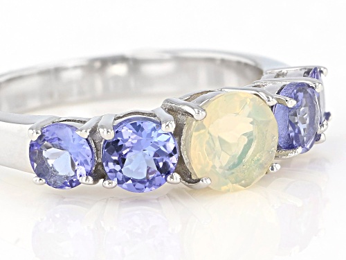 6mm Round Ethiopian Opal with 1.16ctw Round Tanzanite Rhodium Over Sterling Silver Ring - Size 8