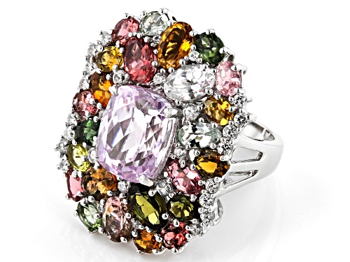 5.35ct Kunzite with 5.50ctw Multi Color Tourmaline and .80ctw White Zircon Rhodium Over Silver Ring - Size 7