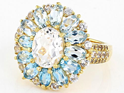 5.18ctw Lab White Sapphire Swiss Blue Topaz, Sky Blue Topaz 18K Yellow Gold Over Silver Ring - Size 7