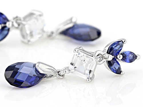 2.38ctw Lab Blue Sapphire With .73ctw Lab White Sapphire Rhodium Over Sterling Dangle Earrings