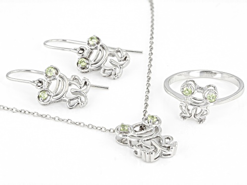 0.31ctw Peridot Rhodium Over Sterling Silver Pendant, Ring, and Earring Set