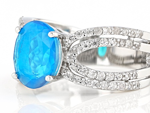 1.10ctw Blue Opal With 0.75ctw Round White Zircon Rhodium Over Sterling Silver Ring - Size 8
