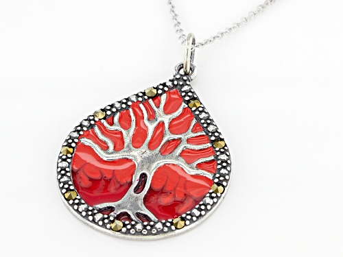 33mm x 24mm Gray Marcasite With Red Epoxy Coloring Rhodium Over Sterling Silver Pendant With Chain